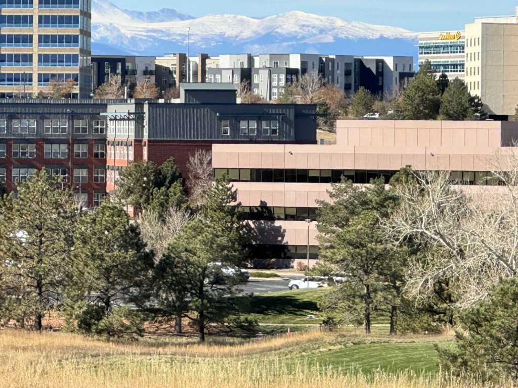 Commercial properties in Lone Tree, Colorado with the Front Range in the background.